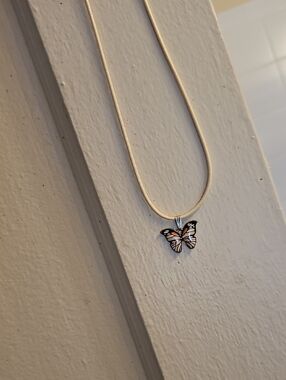 Delicate Butterfly Pendant Necklace in Pink and Black Enamel